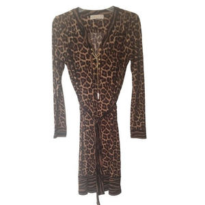 - MICHAEL Kor Womens Chain Neckline‎  Leopard Print Dress with Belt Size Sm